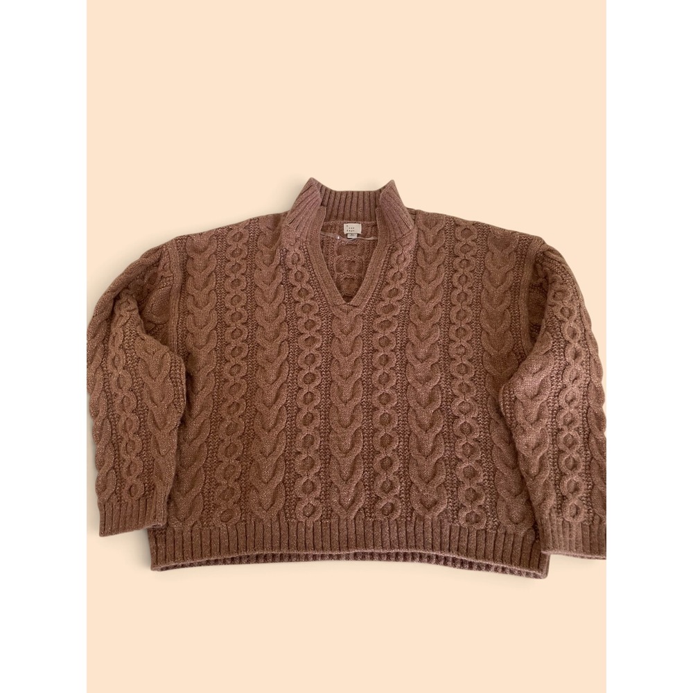 A New Day All Over Cable Pullover Knit Wool Blend Split Mock Neck Rose Brown XL